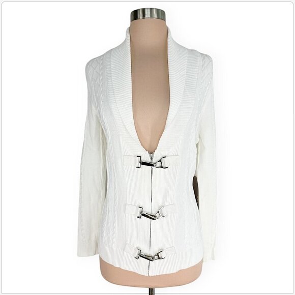 Kenar White Cableknit Zip Front Silver Metal Clasp Cardigan Sweater NWT NEW S - Picture 1 of 3